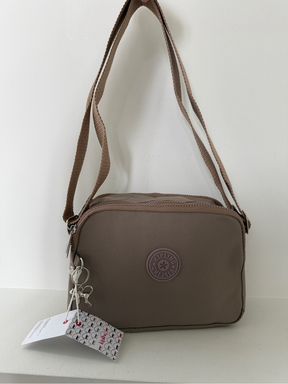 KIPLING Silen Nylon Crossbody Bag Neutral Triple Compartment Silver Tone Monkey